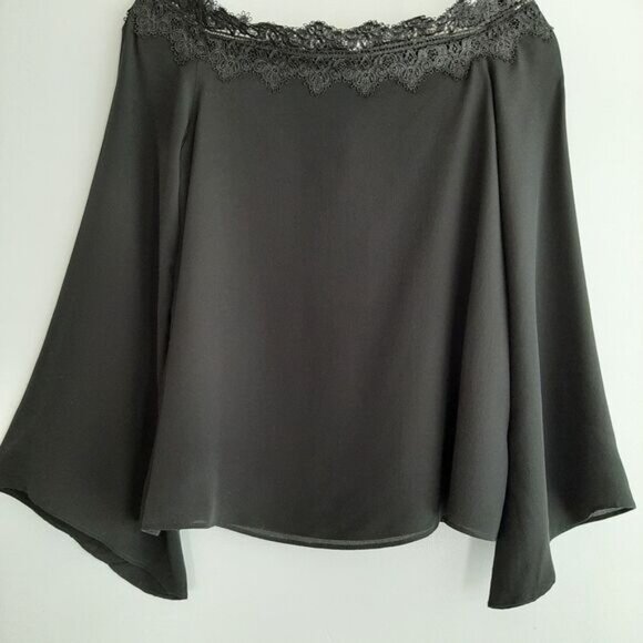 CAMI NYC / Silk Lace Trim Bell Sleeve A-Line Light Lined Blouse Top Black Sz M - Picture 3 of 14